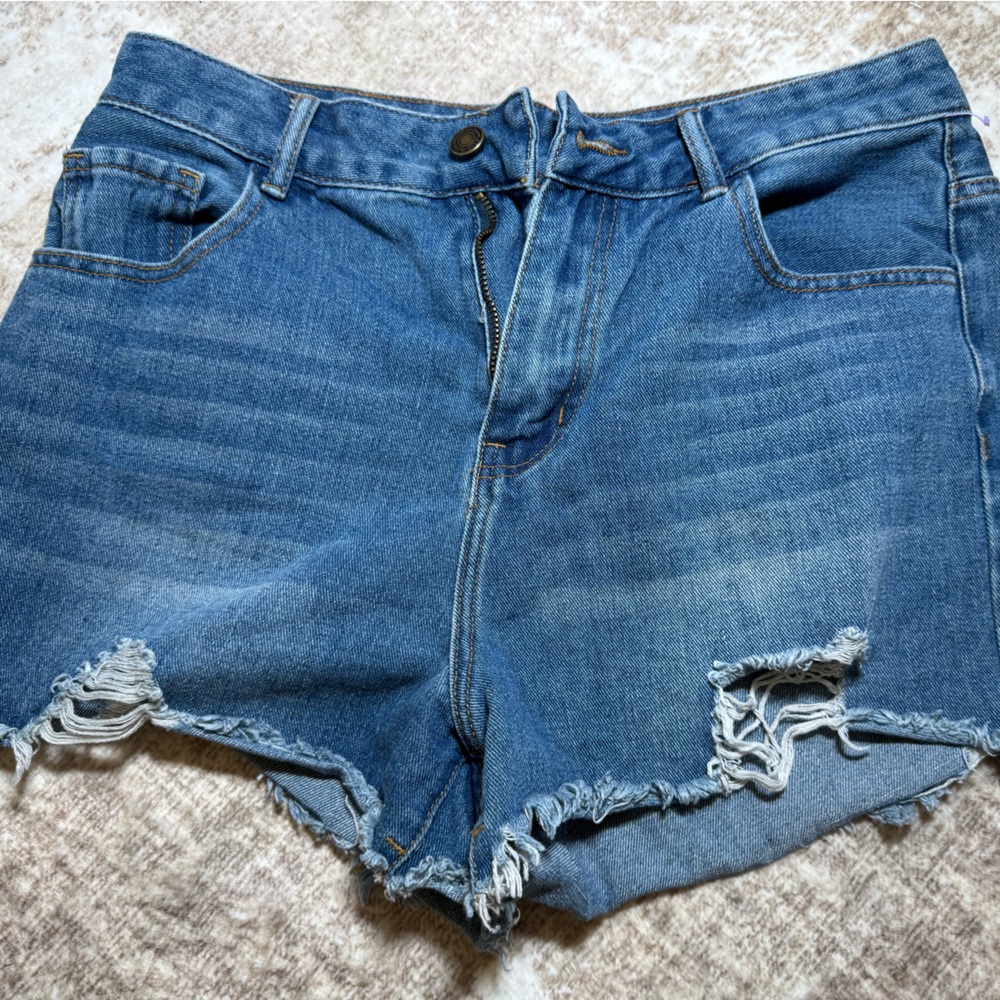 SHEIN Classic Blue Denim Shorts high waisted slightly distressed